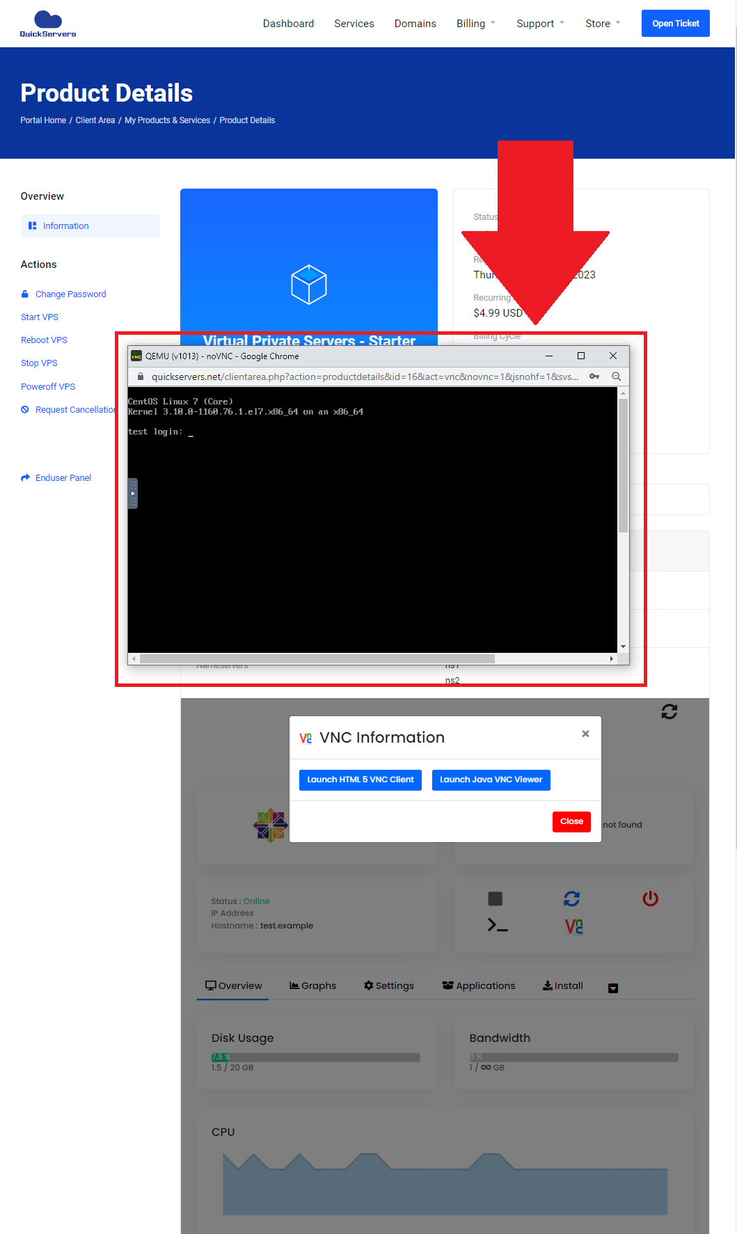 QuickServers VNC Window for VPS